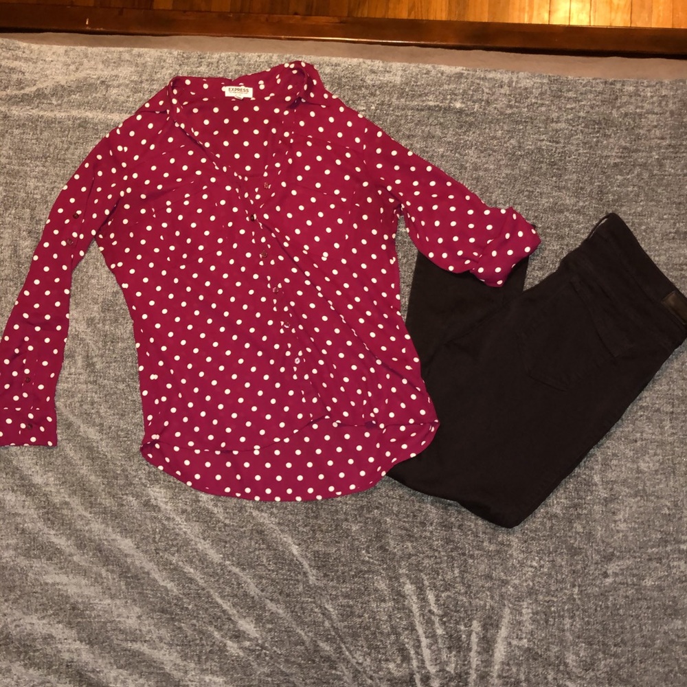 Express maroon polka dot portofino slim fit shirt